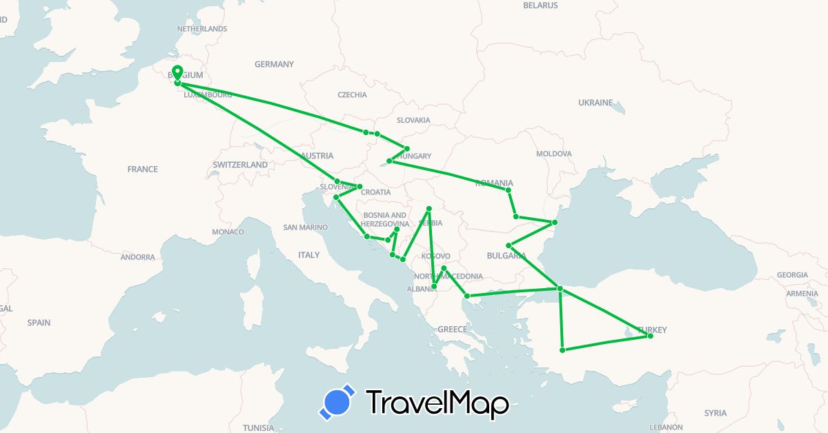 TravelMap itinerary: driving, bus in Austria, Bosnia and Herzegovina, Belgium, Bulgaria, Greece, Croatia, Hungary, Montenegro, Macedonia, Romania, Serbia, Slovenia, Slovakia, Turkey (Asia, Europe)